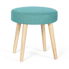 Asense Round Linen Foot Stool Ottoman with Solid Wood Legs Upholstered Padded Dressing Foot Rest Vanity Stool for Living Room