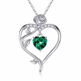 Iefil May Birthstone Necklace for Women, Green Emerald Necklace Rose Love Heart Birthstone Jewelry Mothers Valentines Day Christmas Anniversary Birthday Gifts for Mom Wife Girlfriend Daughter Her