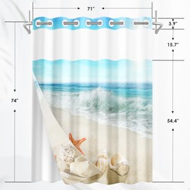 Nesphy No Hook Beach Summer Starfish Shower Curtain with Snap in Fabric Liner Set, Waterproof with See Through Mesh Top Window, Seashell Sea Shell Summer Bath Curtain 71x74 Inch