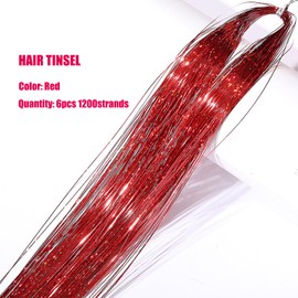 Red Hair Tinsel Kit with Tool 6pcs 1200 Strands Glitter Tinsel Hair Extensions Heat Resistant Sparkling Shiny Fairy Hair Accessories for Women Girls Kids 47Inch