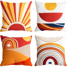 YUMYDG Set of 4 Cushion Covers 45 x 45cm Mid Century Bohemian Sun Moon and Rainbow Minimalist Geometric Abstract Decorative Pillow Cases Home Decor Standard Square Cushion Cover 18x18 Inches