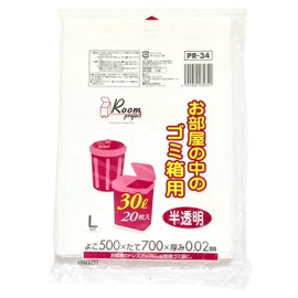 Japax PR-34 Garbage Bags, Translucent, 11.8 gal (30 L), Width 19.7 x Height 27.6 inches (50 x 70 cm), Thickness 0.00008 inches (0.02 mm), Room Project, Plastic Bags for Garbage Bags in Rooms, Pack of 20