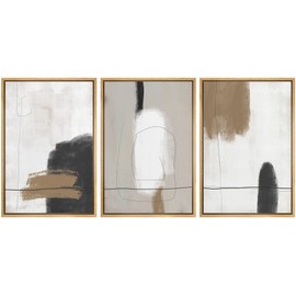 SIGNFORD Framed Canvas Print Wall Art Set Grunge Brown White Paint Strokes Abstract Shapes Illustrations Modern Art Bohemian Nordic Relax/Calm for Living Room, Bedroom, Office - 24"x36"x3 Natural