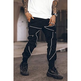 BOOMLEMON Men's Cargo Jogger Pants Reflective Technical Hip Hop Harem Pants Punk Streetwear Tactical Track Pants(Black S)