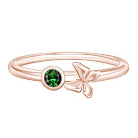 AFFY Round Cut Simulated Emerald Stacking Butterfly Bezel Set Engagement Ring in 14k Rose Gold Over Sterling Silver for Women Ring Size-11