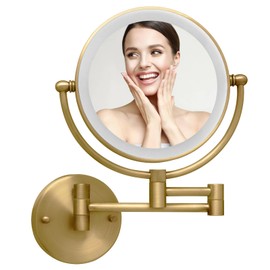 LEDOOLE Wall Mounted Makeup Mirror with Lights, 1/10X Double Sided Rechargeable Led Wall Magnifying for Bathroom, 8” Lighted Mountable Vanity Arm Extendable Shaving Antique Brass