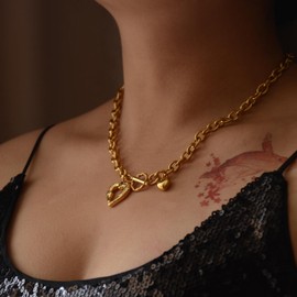 Jellecutte Gold Necklace For Women Toggle Clasp Double Heart Necklace Gold Filled Chunky Charm Necklace Statement Jewelry Present-gold heart