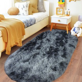 Pionblank Fluffy Oval Rug for Bedroom 2.6'x5.3', Shag Area Rug for Bedside, Ultra Soft Cute Plush Carpet for Living Room Girls Boys Room Nursery Teens Dorm Home Decor, Blue Grey