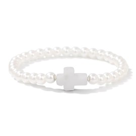 Rrdaily Minimalist Pearl Cross Elastic Bracelets for Women Geometric White Beaded Crucifix Stretch Bracelets Faith Based Gifts for First Communion Baptism (CC)