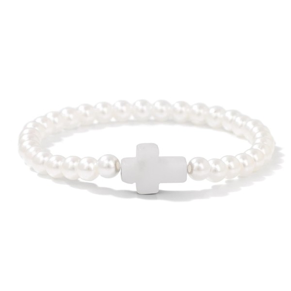 Rrdaily Minimalist Pearl Cross Elastic Bracelets for Women Geometric White