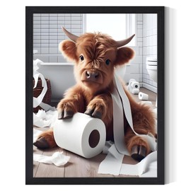 XOCUUI Highland Cow Funny Bathroom Decor Wall Art, Bathroom Highland Cow Art Prints, Rustic Farmhouse Bathroom Wall Decor, Funny Bathroom Signs Animal Canvas Wall Art, Unframed, 8x10inchx1pcs
