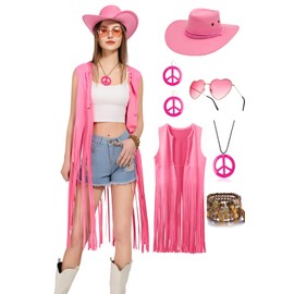 6 PC Cowgirl Western Outfits for Women Retro Cowgirl Costumes Fringe Vest Cow Girl Hat for Women Country 70s Hippie Outits (Pink, M)