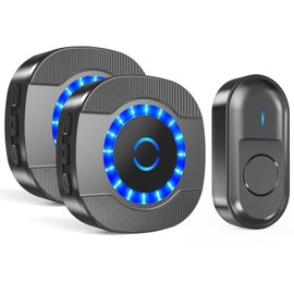 SURFOU Wireless Doorbell Set with 2 Plug-In Receivers and 1 Transmitter, 300 m Range Outdoor Waterproof Front Door Bell, Wireless Doorbell with LED Flashing, 5 Volume Levels, 55 Ringtones