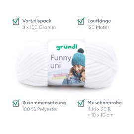 Gründl Funny Plain Soft Chenille Wool for Crocheting, Chenille Yarn Made of 100% Polyester, 2 Balls (100 g/120 m, Needle Size: 5-6) - White