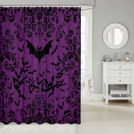 Erosebridal - Cortina de ducha de murciélago de Halloween de 72 pulgadas de ancho x 72 pulgadas de largo para niñas y mujeres, cortina de baño de murciélagos negros y púrpura, diseño gótico, flores de