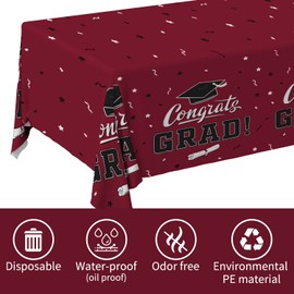 Gatherfun Graduation Tablecloths Graduation Party Table Decorations Waterproof Plastic Rectangular Disposable Table Cover for Congrats Grad Party Supplies 3PCS 54x108 Inch, Maroon