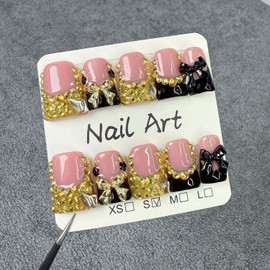 Handmade Press on Nails Medium Almond Fake Nails French Black Gold False Nails Luxury Bow Rhinestone Glitter Charm Full Cover Glue on Nails Stick on Nails Acrylic Nails for Women Girls (Charm Bow S)