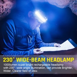 Spriak LED Headlamp USB Rechargeable 1000Lumen 230° Wide-Beam LED Headlight with Red Taillight, Super Bright Headband Light, Waterproof Headlamps for Camping,Hiking, Hard Hat Headlamp