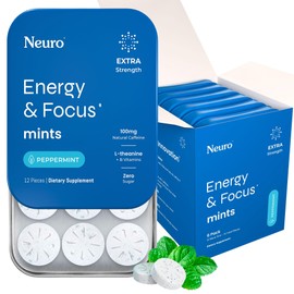 NeuroGum Extra Strength Energy & Focus Mints (Peppermint, 72 Pieces) | 100mg Natural Caffeine + L-Theanine + Vitamin B12 & B6 | Sugar Free Nootropic Cognitive Brain Performance Supplement
