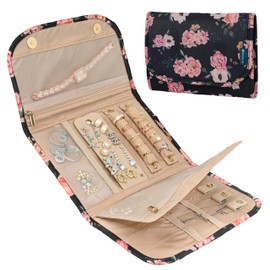 Pavilia Foldable Jewelry Organizer Roll Bag, Small Travel Pouch Wallet for Earrings, Rings, Necklaces, Bracelets, Packing Accessories (Floral Black)