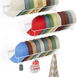Fairpeak Hat Racks for Baseball Caps, Metal Hat Organizer Wall Fit 20 Caps, 3 Pack Sturdy Wall Mounted Hat Rack for Room Closet Display, White
