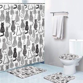 Azppsad 4Pcs Shower Curtain Sets, Black and White Doodle Cats Bathroom Decor Set with Rugs and Accessories, Bathroom Decor Sets, 72 X 72 Inches
