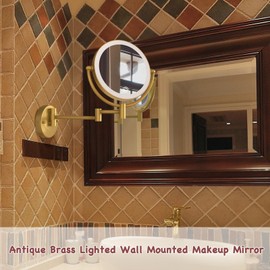 LEDOOLE Wall Mounted Makeup Mirror with Lights, 1/10X Double Sided Rechargeable Led Wall Magnifying for Bathroom, 8” Lighted Mountable Vanity Arm Extendable Shaving Antique Brass