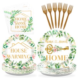 Grencian 96Pcs House Warming Party Decorations Housewarming Plates and Napkins Disposable Green Leaves Pink Floral Home Sweet Home Paper Tableware Set for New House Wedding Party Supplies, Serves 24