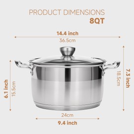 Ohtomber 8 Quart Stock Pot - Stainless Steel Large Cooking Induction Pot with Lid for Pasta, Soup, Spaghetti, Nonstick Thick Base Deep Stockpot, Kitchen Cookware for Stew, Simmer, Boiling, Canning