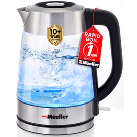 Mueller Rapid Boil Electric Tea Kettle 1.8L – Borosilicate Glass & Stainless Steel – BPA-Free Hot Water Boiler, LED Light, Auto Shut-Off, Boil Dry Protection Fast Water Heater – Kitchen Appliances