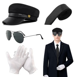 FUIPVGI Chauffeur Costume Accessories Driver Costume Black Hat Sunglasses Tie Gloves 1980s Sedan Taxi Driver Fancy Dress Adult Cosplay (Black) 4 Pack