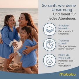 Mababu Children's Bathrobe with Hood, 100% Organic Cotton, GOTS Certified, Premium Muslin Children's Bathrobe for Girls and Boys, Machine Washable and Tumble Dryer-safe, 4-Ply, 1-6 Years, Indigo-blue