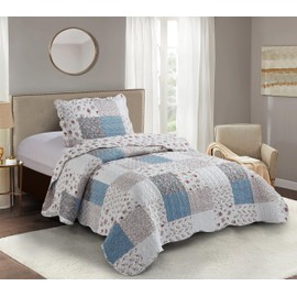 Brilliant Sunshine Pink Rose with Small Blue Check Patchwork, 2-Piece Quilt Set with 1 Sham, Reversible Bedspread, Soft Lightweight Coverlet, All-Season, Twin, Pink Blue