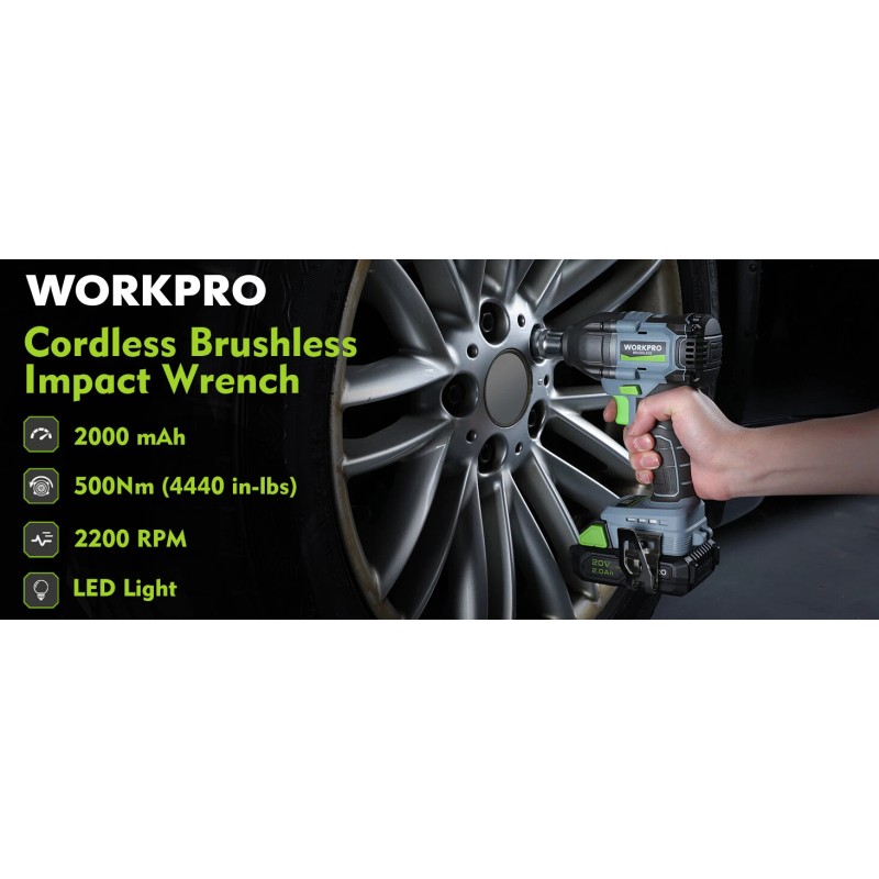 WORKPRO 1/2'' Cordless Impact Wrench Brushless 20V 1 Hour Fast