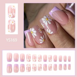 Square Press on Nails Medium Fake Nails French Tip False Nails with Flower Design Nude Acrylic Nails Artificial Nails Glossy Full Cover Glue on Nails Stick on Nails for Women Manicure 24Pcs