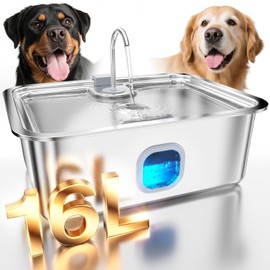 Fuente de agua para perros de 4.2 galones para perros grandes, fuente grande de acero inoxidable de 16 l con bandeja de beber más profunda y ancha