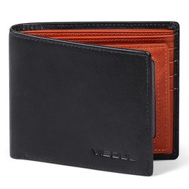 VISOUL Men's Bi-fold Wallet, Genuine Leather, Card Coin Purse, Photo Pocket, License Holder, Cowhide Leather, black.orange