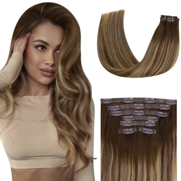 Vivien 55 cm PU Clip-In Real Hair Extensions Seamless 140 g Clip-In Real Hair Extensions Straight #4/27/4 Light Blonde Ombre Dark Brown with Caramel Blonde Extensions Real Hair Clip in Remy Human Hair 7 Pieces