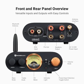 Fosi Audio MC101 amplificador estéreo Bluetooth, componente de audio para el hogar, mini amplificador con medidor VU, receptor HiFi de 2 canales para 