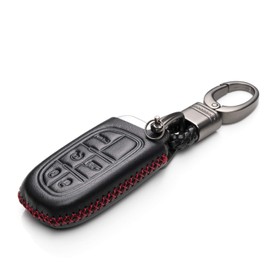 Vitodeco - Funda protectora de piel auténtica para Jeep Cherokee 2014-2018, Ram 1500, 2500, 3500 (5 botones, negro/rojo)