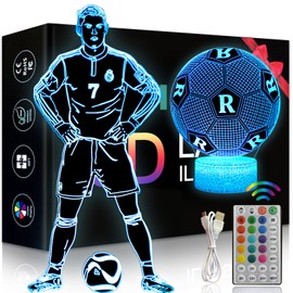 2 Patterns Ronaldo Football 3D Night Light CR Gifts: Football Fans Merch, 16 Colors Dimmable LED 3D Illusion Table Lamp with Remote Control and Smart Touch for Boys Room Decor Party Birthday Christmas