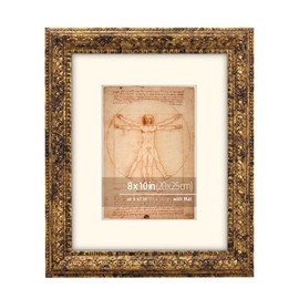 Eitida 8x10 in Rustic Gold Ornate Classic Picture Frame, Matted for 5x7 Photos, Real Glass Protection, Tabletop or Wall Mounting Display