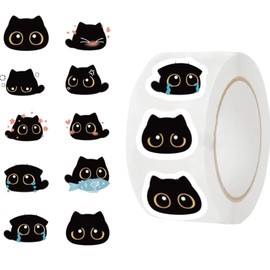 Black Cat Sticker Rolls - 500Pcs Funny Cartoon Cat Meme 10 Style Stickers Gifts Pack for Kids Teen Adults, Cute Label Decals Crafts for Laptop Guitar Skateboard Home Decor School Rewards