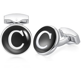 HONEY BEAR Initial Alphabet Letter Cufflinks Round for Mens Wedding Gift,Black A-Z (C)