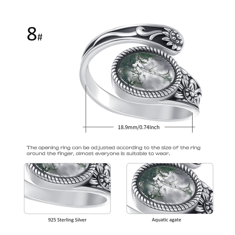 Sunflower Spoon Ring 925 Sterling Silver Sunflower Moss Agate Adjustable