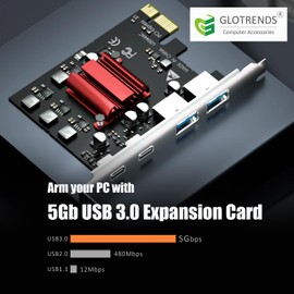 GLOTRENDS U3044AC 4-Port (2 x Type-C+ 2 x Type-A) USB 3.0 5Gbps PCIe Expansion Card for Intel, AMD, and ARM Platform, Compatible with Windows and Linux (Not Support Mac OS)