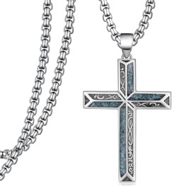 Hantuorui Turquoise Cross Necklace for Men 925 Sterling Silver Western Cross Pendant Religious Protection Jewelry Gifts for Men Women