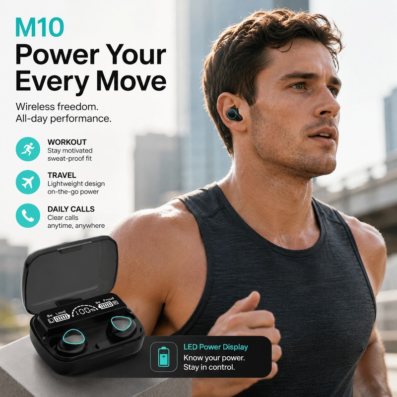 M10 Wireless Bluetooth Earbuds with LED Display Charging Case –