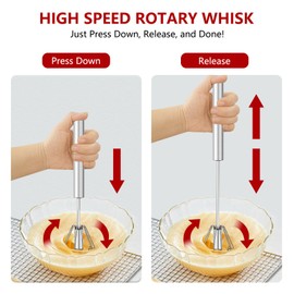 Hand Push Rotary Whisks for Cooking, 12 Inch Semi-Automatic Egg Whisk, Stainless Steel Kitchen Whisk Blender for Blending, Versatile Milk Frother, Beating, Stirring, Hand Push Whisk Mixer