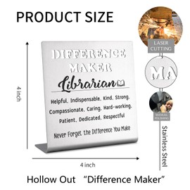 Librarian Appreciation Gifts, Difference Maker Stainless Steel Desk Sign, Thank You Gift for School or Public Library Staff, Inspirational Decor for Book Lovers bke91